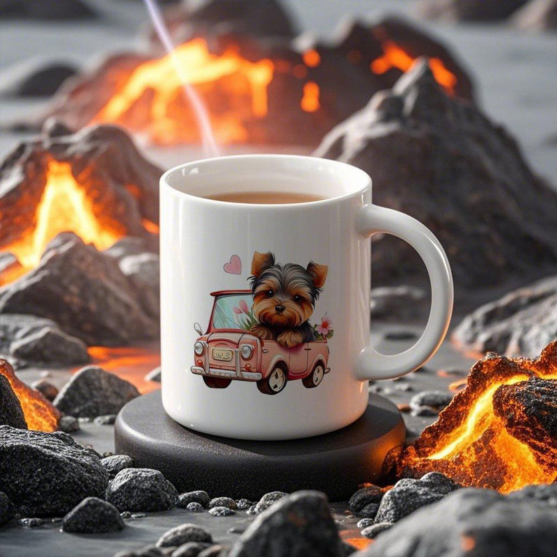 Tailorly White Ceramic 11 oz Mug - Cute Yorkshire Terrier Puppy Sitting Inside A Small Pink Vintage Car Dog