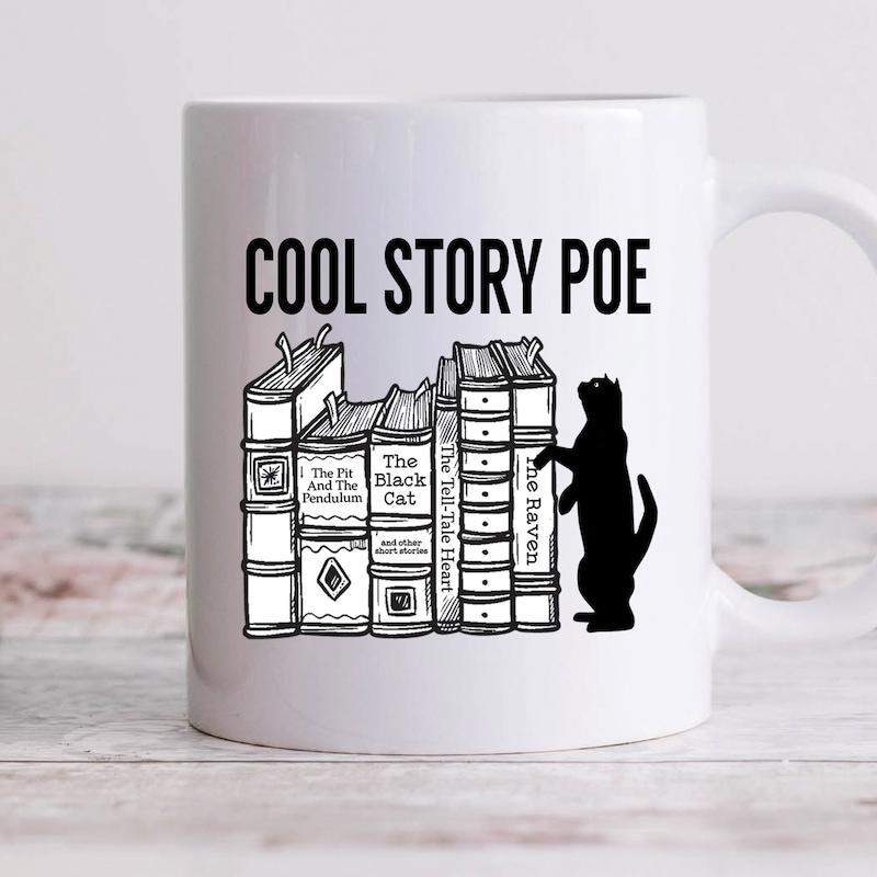 Tailorly White Ceramic 11 oz Mug - Cool Story Poe Black Cat Standing Beside A Row Of Vintage Classic Literature Books