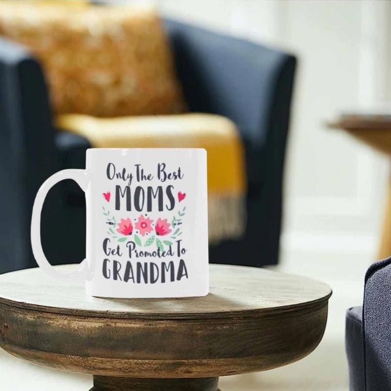 Tailorly White Ceramic 11 oz Mug - Only The Best Moms Get Promoted To Grandma Three Blooming Pink Roses Among Green Leaves With Small Red Hearts Mug