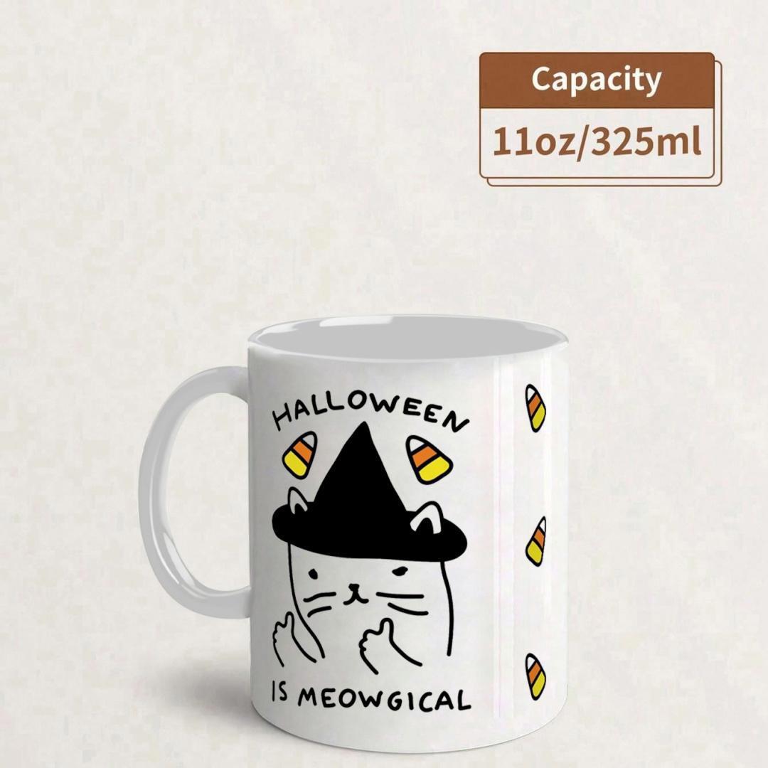 Tailorly White Ceramic 11 oz Mug - Halloween Is Meowgical Simple Cartoon Wearing Witch Hat Surrounded By Tasty Candy Corn Cat
