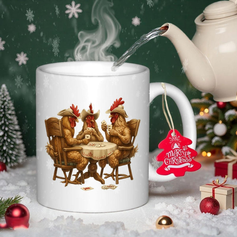Tailorly White Ceramic 11 oz Mug - Rustic Metal Three Roosters Wearing Cowboy Hats Sitting Around A Wooden Table Rooster