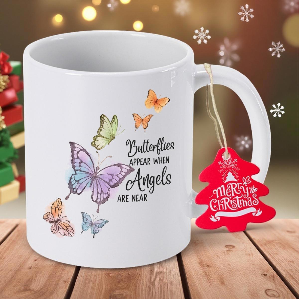 Tailorly White Ceramic 11 oz Mug - Butterflies Appear When Angels Are Near Colorful Delicate Wings Fluttering Gracefully Around A Sentimental Memorial Butterfly