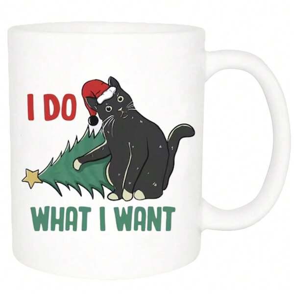Tailorly White Ceramic 11 oz Mug - I Do What I Want Playful Black Cat Wearing Santa Hat Tipping Over Festive Christmas Tree Cat