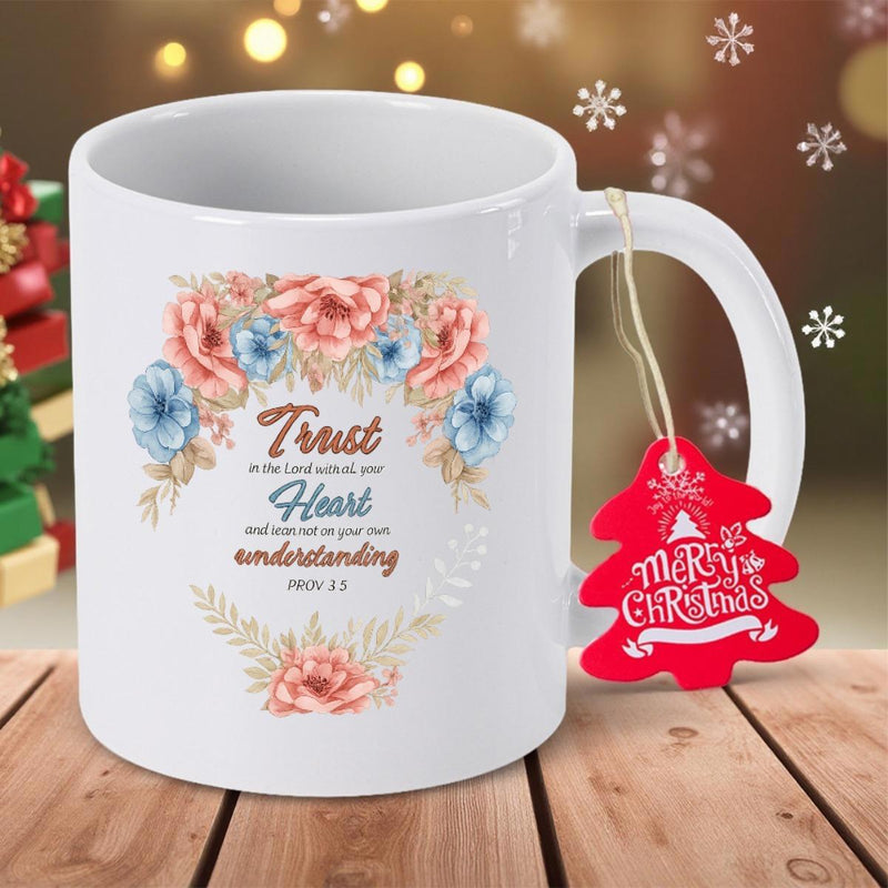 Tailorly White Ceramic 11 oz Mug - Trust Heart Merry Christmas Elegant Floral Wreath Design On With Festive Background Mug