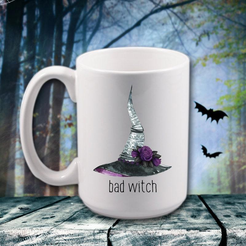 Tailorly White Ceramic 11 oz Mug - Bad Witch Pointy Decorative Hat With Purple Roses And Subtle Textures Witch Hat