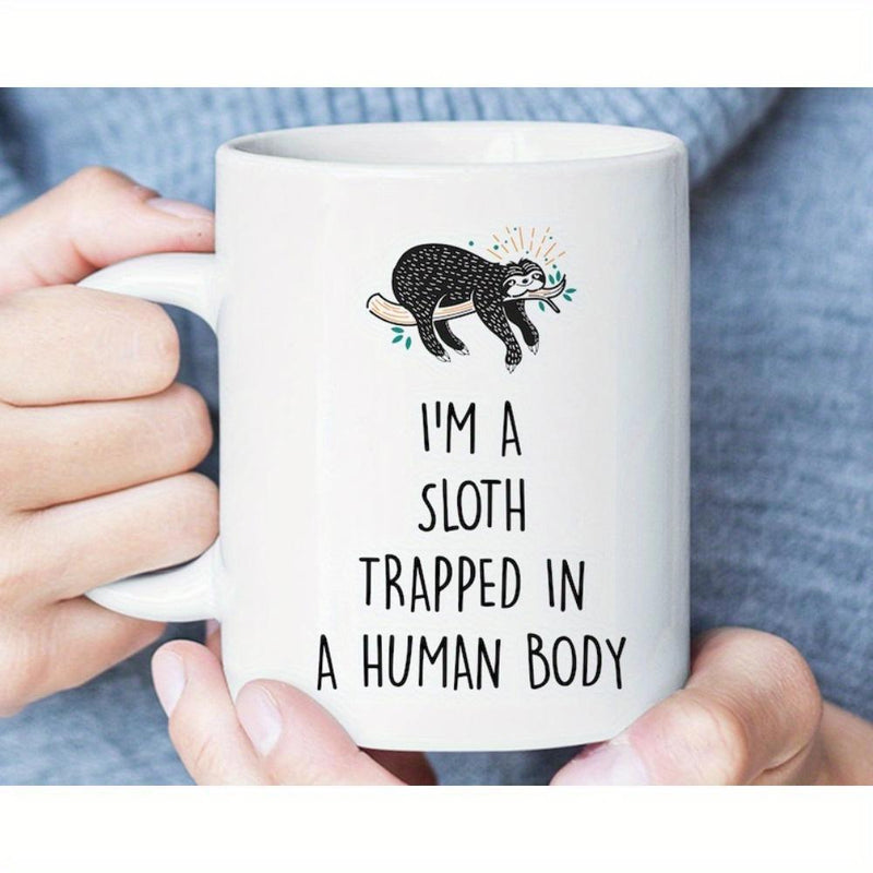 Tailorly White Ceramic 11 oz Mug - I'm A Sloth Trapped In A Human Body Lazy Cartoon Character Sleeping Peacefully On A Branch With Small Leaves Sloth