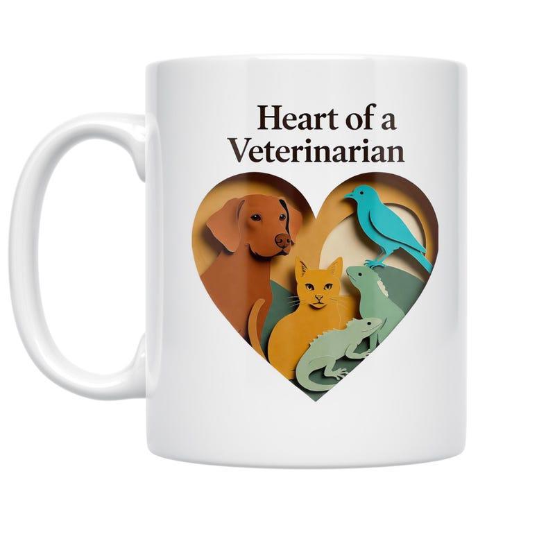 Tailorly White Ceramic 11 oz Mug - Heart Of A Veterinarian Layered Paper Cut Style Featuring Colorful Domestic Animals Within A Heart