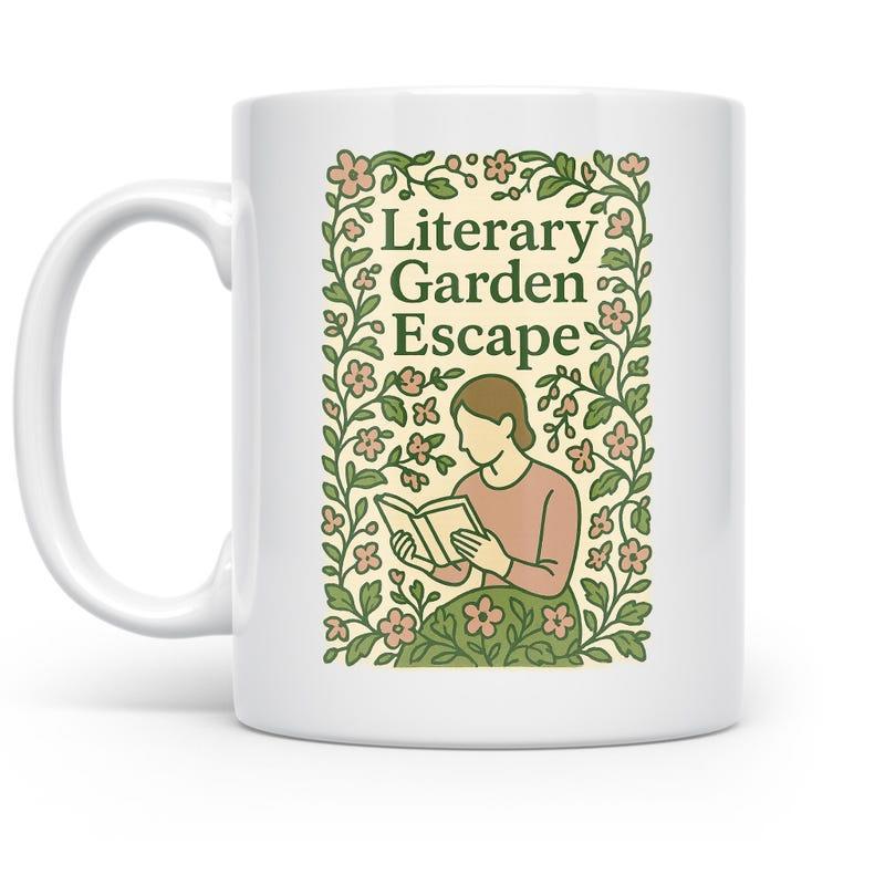 Tailorly White Ceramic 11 oz Mug - Literary Garden Escape Peaceful Woman Reading Among Lush Green Vines And Blooming Pink Flowers Woman