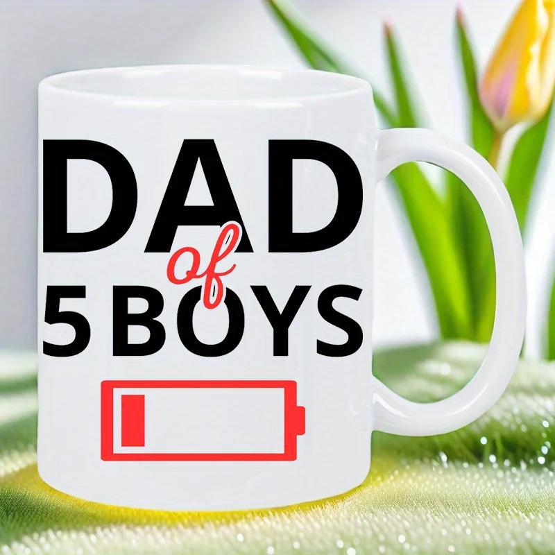Tailorly White Ceramic 11 oz Mug - Dad Of 5 Boys Depleted Red Battery Symbol Representing Exhaustion And Tired Parental Humorous Mood Mug