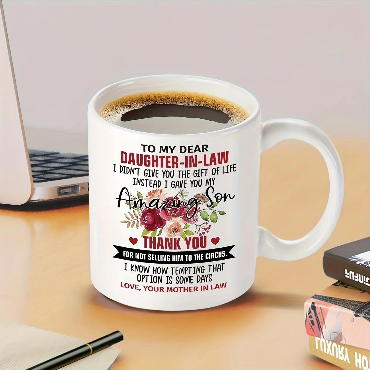 Tailorly White Ceramic 11 oz Mug - To My Dear Daughter In Law Amazing Son Thank You Elegant Watercolor Burgundy Roses With Green Leaves And Delicate Floral Bouquet