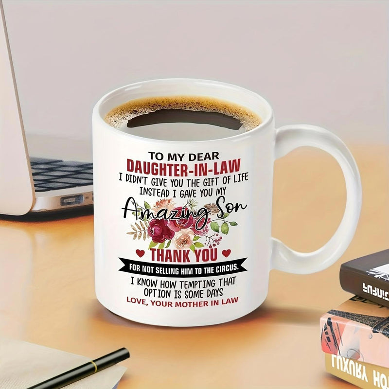 Tailorly White Ceramic 11 oz Mug - To My Dear Daughter In Law Amazing Son Thank You Elegant Watercolor Burgundy Roses With Green Leaves And Delicate Floral Bouquet