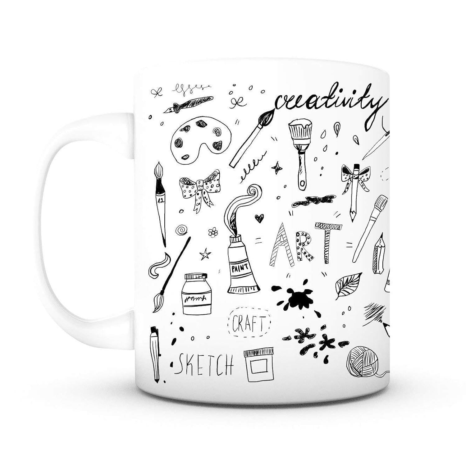 Tailorly White Ceramic 11 oz Mug - Creativity Art Craft Sketch Various Hand Drawn Art Supplies With Brushes Palettes And Creative Doodles Pattern