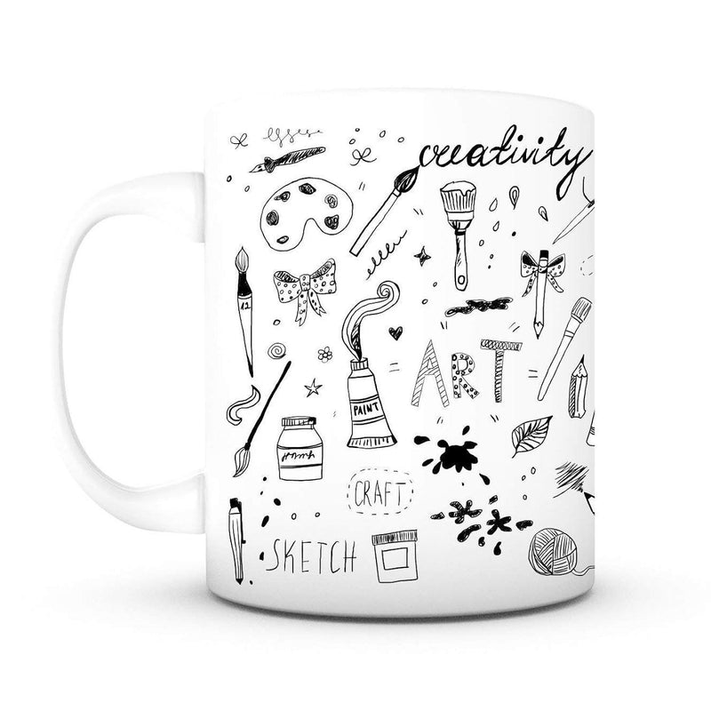 Tailorly White Ceramic 11 oz Mug - Creativity Art Craft Sketch Various Hand Drawn Art Supplies With Brushes Palettes And Creative Doodles Pattern