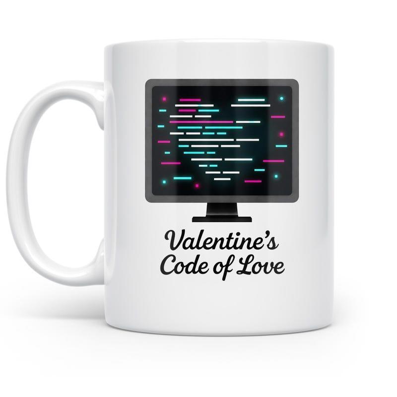 Tailorly White Ceramic 11 oz Mug - Valentine's Code Of Love Modern Desktop Screen Displaying Vibrant Colorful Programming Syntax Heart Computer
