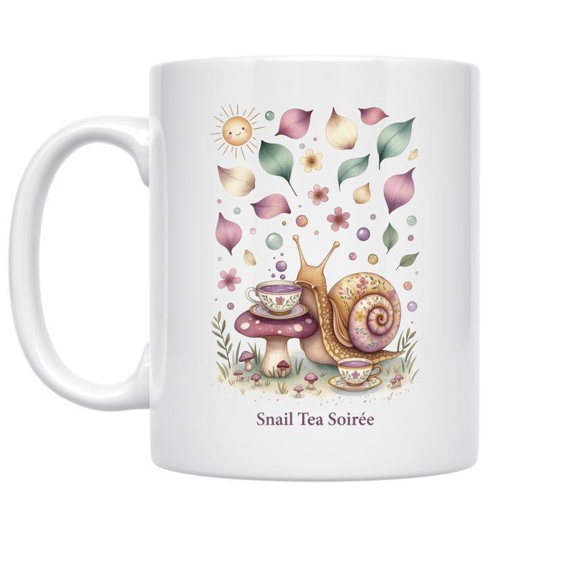 Tailorly White Ceramic 11 oz Mug - Snail Tea Soiree Whimsical Watercolor Illustration Of A Forest Gathering With Teacups Snail