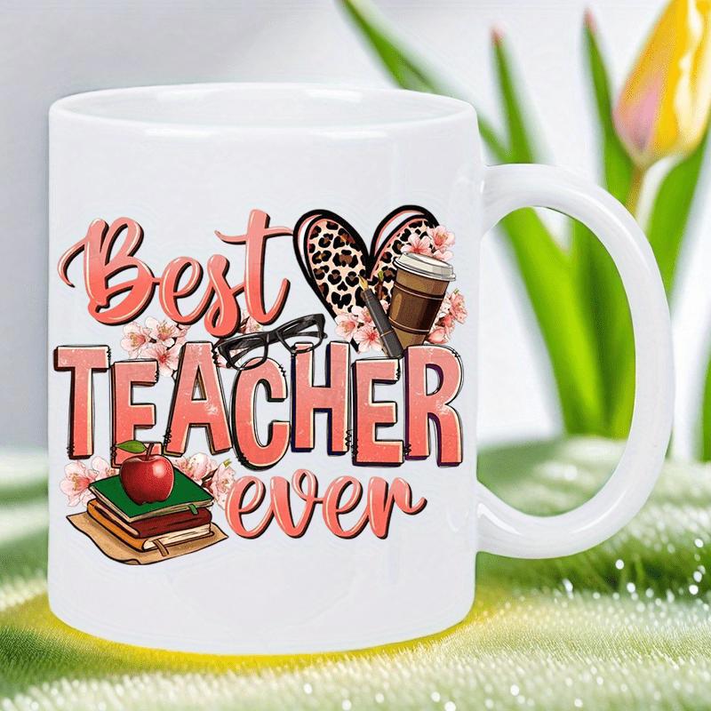 Tailorly White Ceramic 11 oz Mug - Best Teacher Ever Leopard Heart With Coffee Glasses And Red Apple On Books Heart