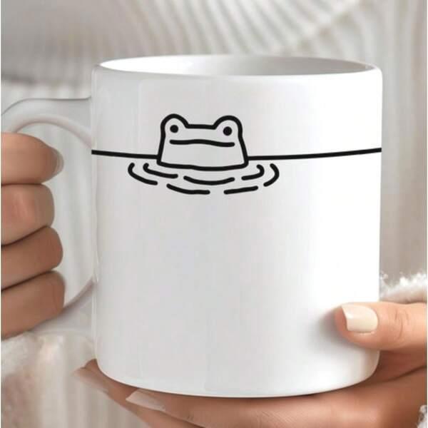 Tailorly White Ceramic 11 oz Mug - Minimalist Black Line Art Showing A Tiny Frog Peeking Above Ripples Frog