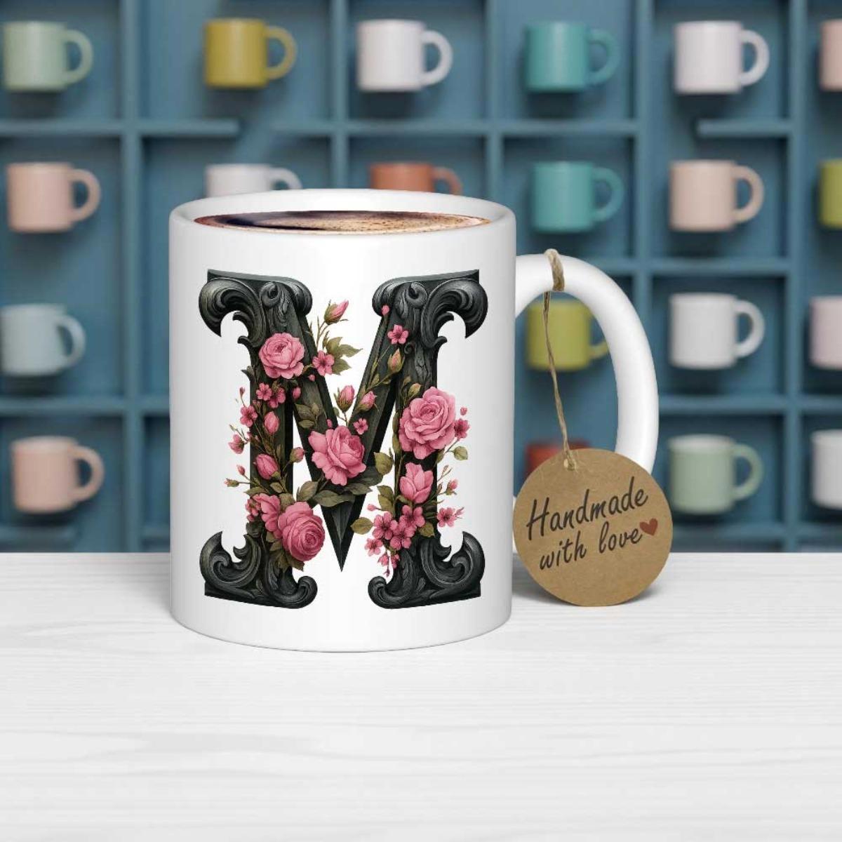 Tailorly White Ceramic 11 oz Mug - Handmade With Love Ornate Gothic Lettering Decorated With Elegant Pink Roses And Green Foliage Letter M