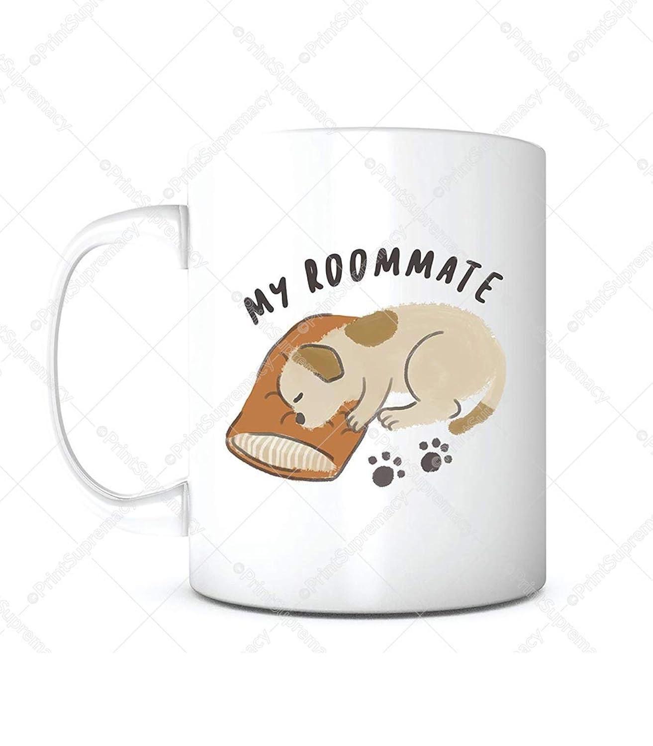 Tailorly White Ceramic 11 oz Mug - My Roommate Adorable Small Puppy Sleeping Peacefully On A Soft Brown Comforting Pillow Dog