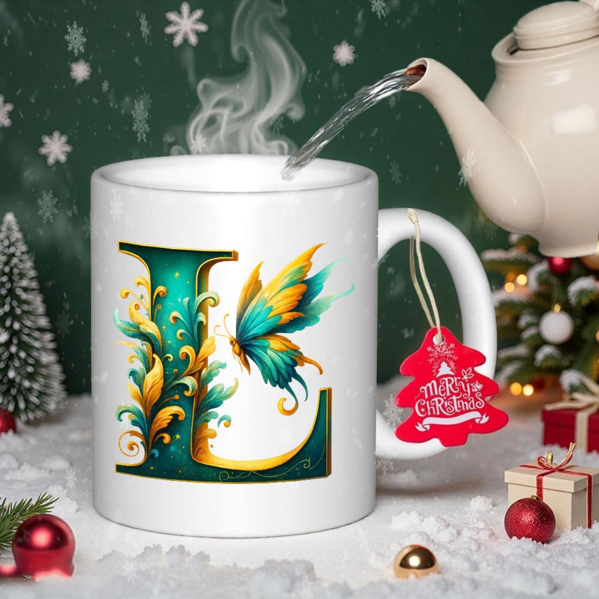 Tailorly White Ceramic 11 oz Mug - Merry Christmas Vibrant Teal Ornamental Initial Letter L Featuring A Beautiful Flying Butterfly
