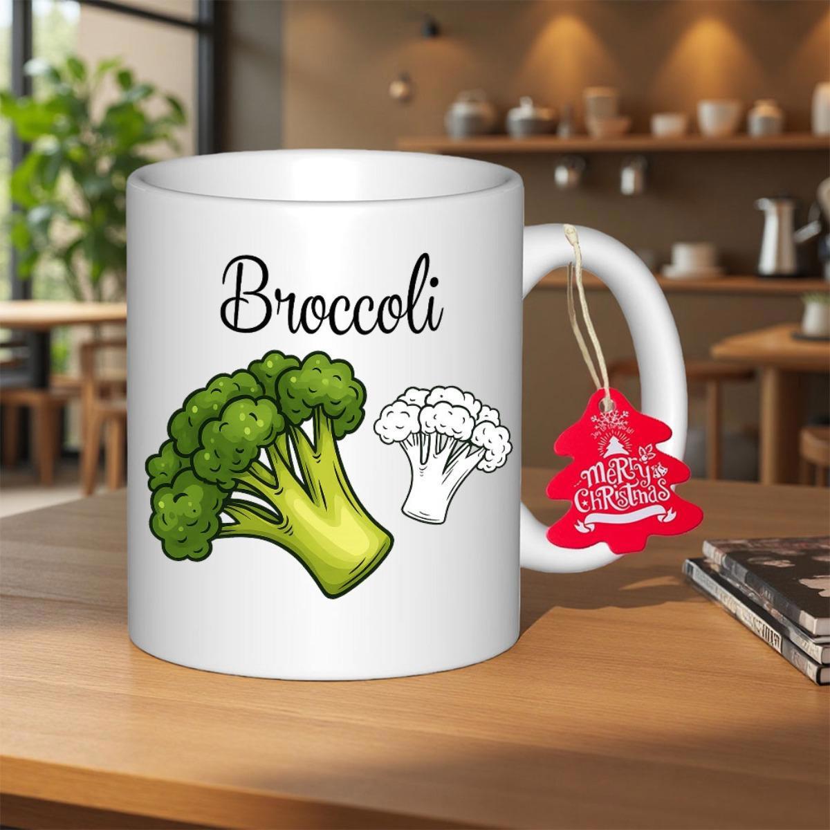 Tailorly White Ceramic 11 oz Mug - Broccoli Merry Christmas Fresh Vibrant Green Organic Vegetable Stalk With Small White Handdrawn Floret Broccoli