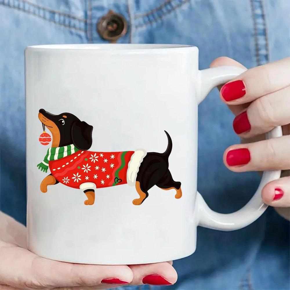 Tailorly White Ceramic 11 oz Mug - Festive Red Snowflake Sweater Wearing Dog Holding Christmas Ornament Dachshund
