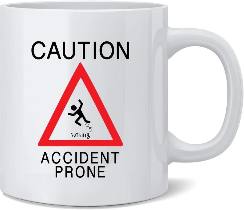 Tailorly White Ceramic 11 oz Mug - Caution Accident Prone Red Warning Triangle With Falling Stick Figure Decorative Sign