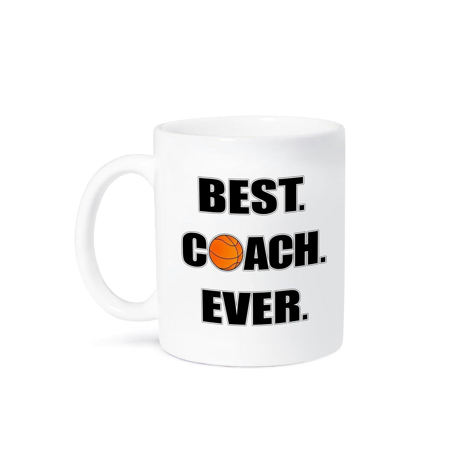 Tailorly White Ceramic 11 oz Mug - Best Coach Ever Bold Black Typography Combined With Realistic Orange Sports Basketball