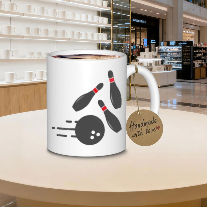 Tailorly White Ceramic 11 oz Mug - Handmade With Love Dynamic Striking Bowling Ball Speeding Towards Three Classic Sports Pin Bowling