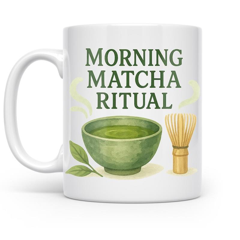 Tailorly White Ceramic 11 oz Mug - Morning Matcha Ritual Green Tea Bowl And Bamboo Whisk With Steaming Aroma And Fresh Leaves Bowl