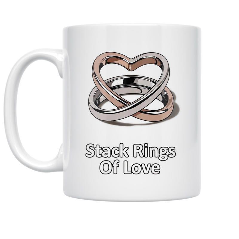 Tailorly White Ceramic 11 oz Mug - Stack Rings Of Love Elegant Interlocking Rose Gold And Silver Metallic Heart Shaped Rings
