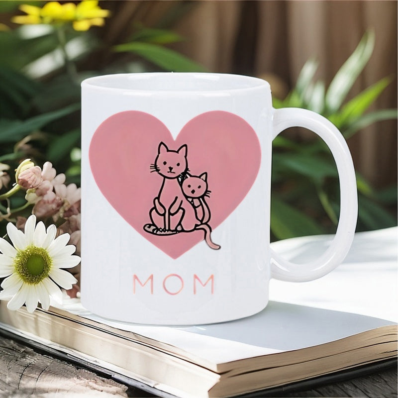 Tailorly White Ceramic 11 oz Mug - Mom Adorable Cartoon Felines Sitting Together Inside A Large Pink Heart Shape Cat