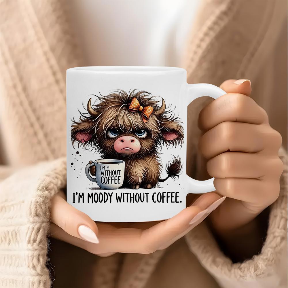 Tailorly White Ceramic 11 oz Mug - Im Moody Without Coffee Adorable Furry Highland Cow With Bow Holding Miniature Coffee Mug Cow