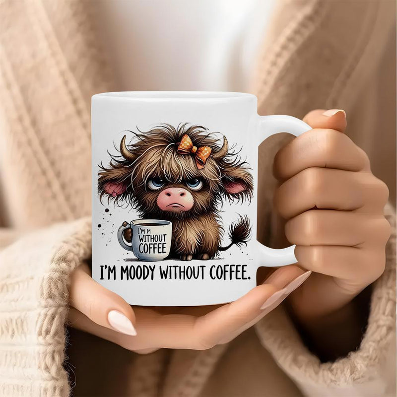 Tailorly White Ceramic 11 oz Mug - Im Moody Without Coffee Adorable Furry Highland Cow With Bow Holding Miniature Coffee Mug Cow