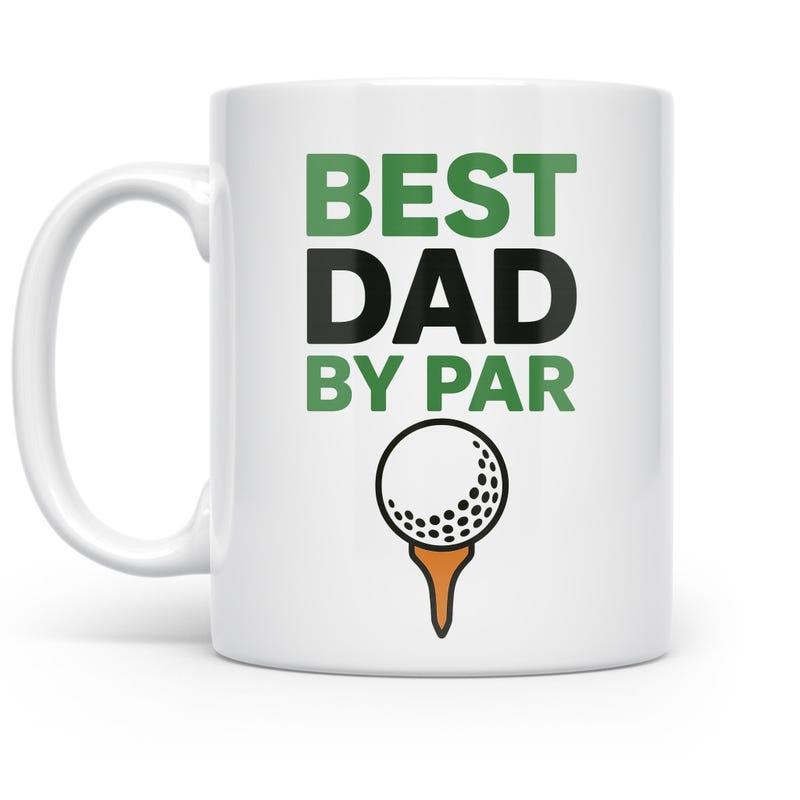 Tailorly White Ceramic 11 oz Mug - Best Dad By Par Minimalist Illustration Of A Dimpled White Golf Ball Resting On A Tee Golf Ball