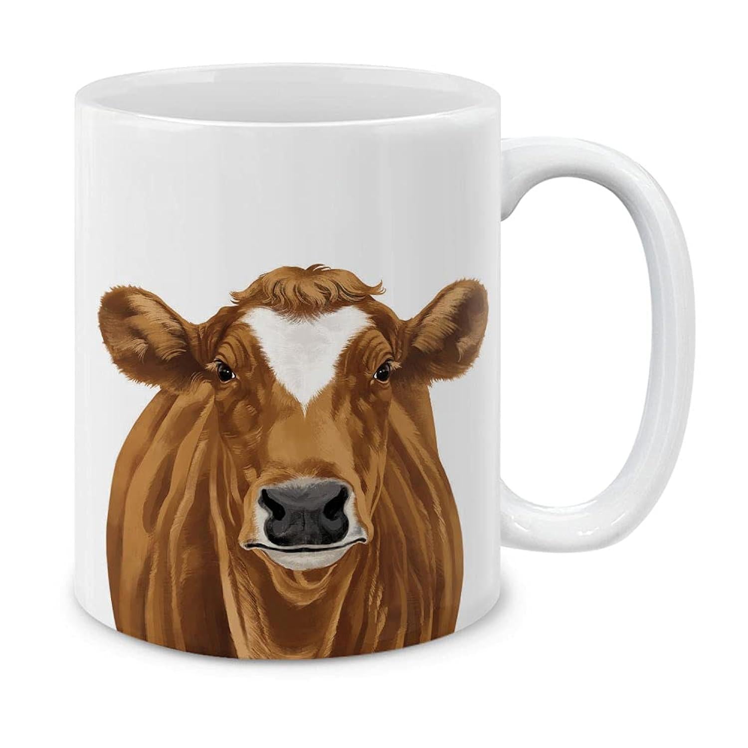 Tailorly White Ceramic 11 oz Mug - Detailed Brown Furry Farm Animal With White Forehead Patch Peaceful Portrait Cow