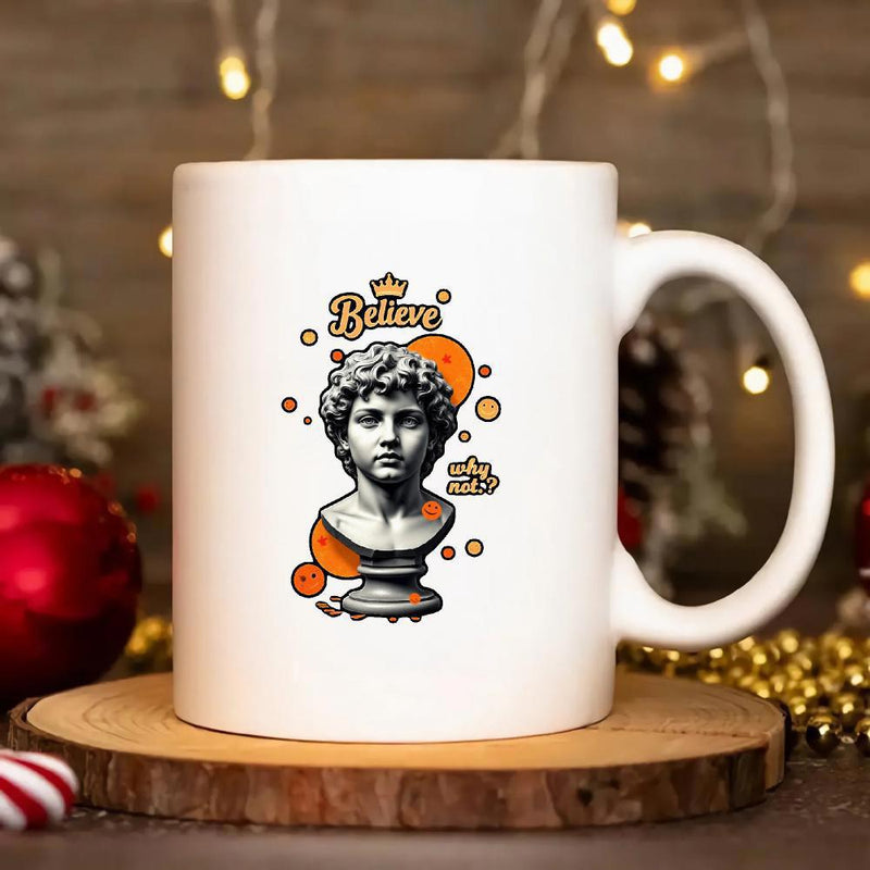 Tailorly White Ceramic 11 oz Mug - Believe Vintage Artistic Classical Male Marble Bust Among Floating Retro Orange Circles Statue