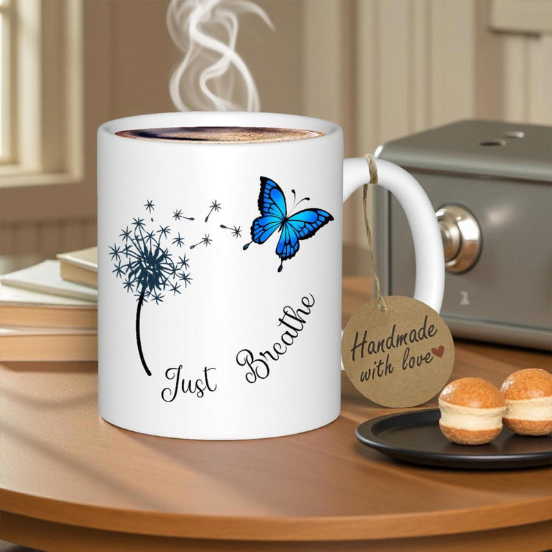 Tailorly White Ceramic 11 oz Mug - Just Breathe Delicate Dandelion Blowing Seeds Near A Vibrant Blue Butterfly
