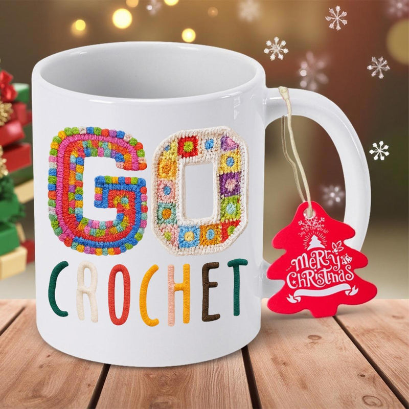 Tailorly White Ceramic 11 oz Mug - Go Crochet Colorful Handwoven Textured Yarn Patterns Forming Large Decorative Alphabet