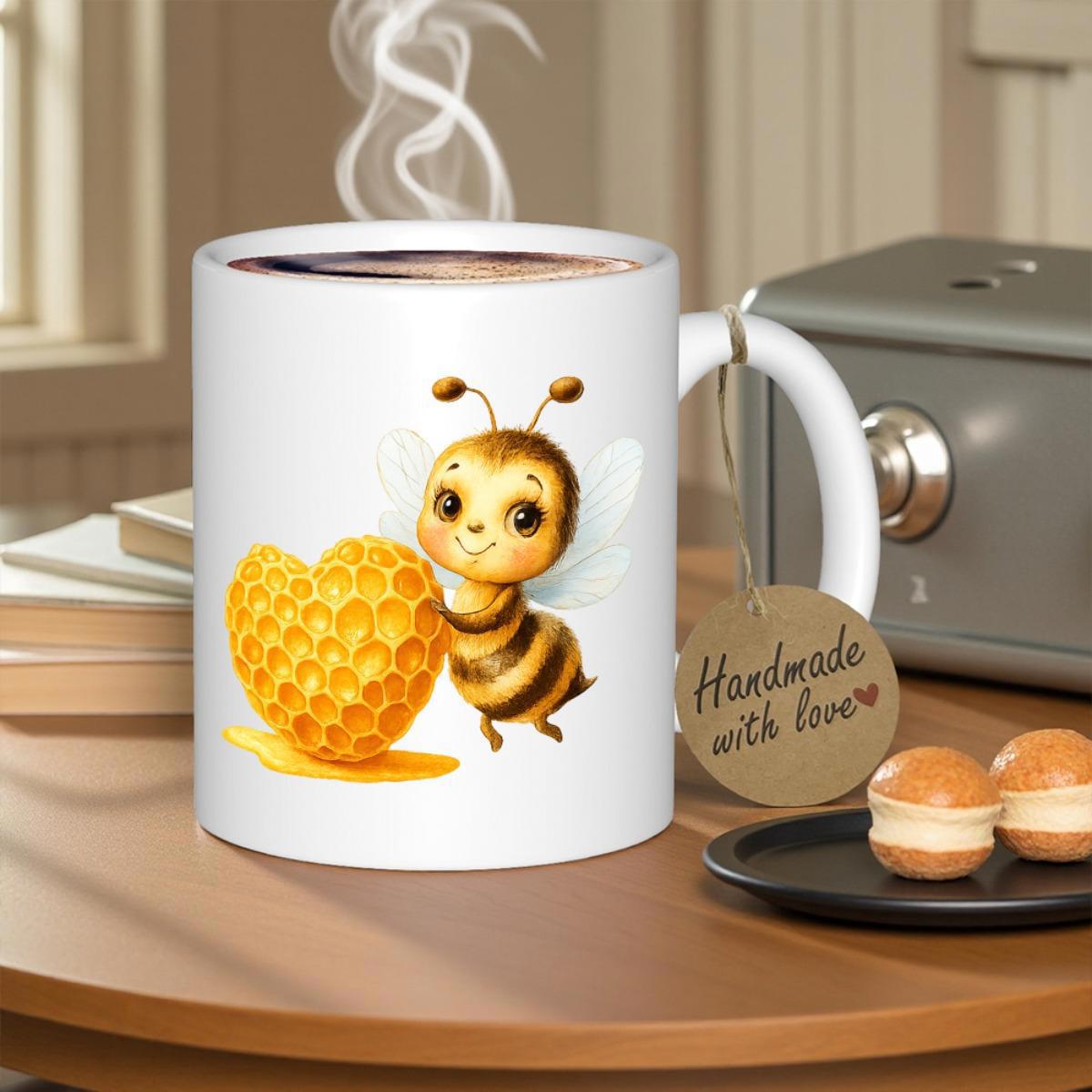 Tailorly White Ceramic 11 oz Mug - Adorable Cartoon Bee Holding Golden Heart Shaped Honeycomb In Sunlight Bee