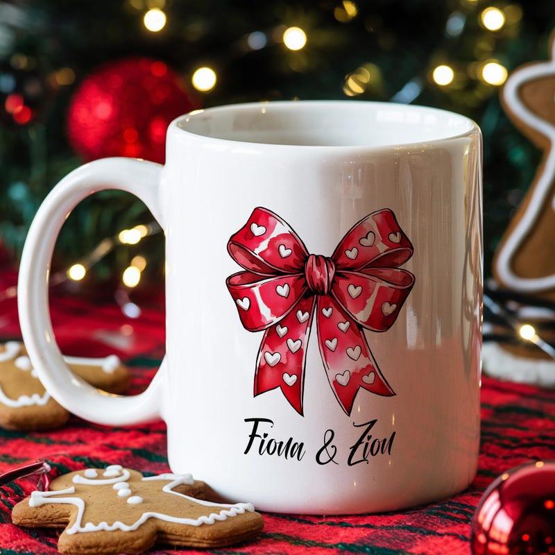 Tailorly White Ceramic 11 oz Mug - Fiona Zion Hand Painted Red Ribbon Pattern Featuring Tiny White Hearts Decorative Bow