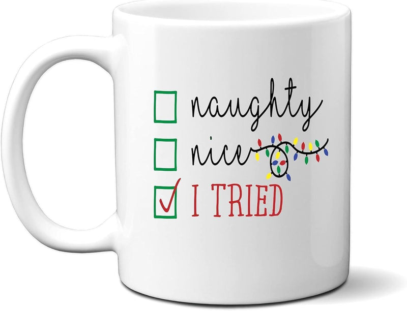 Tailorly White Ceramic 11 oz Mug - Naughty Nice I Tried Festive Holiday Checklist Featuring Colorful Fairy Lights And Distinctive Red Checkmark Checklist