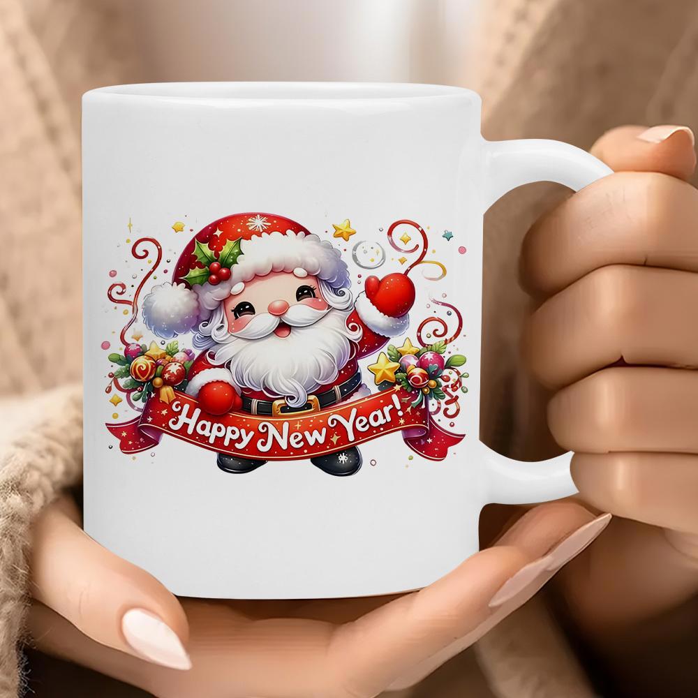 Tailorly White Ceramic 11 oz Mug - Happy New Year Cute Cartoon Figure Waving Joyfully With Festive Ribbon And Stars Santa
