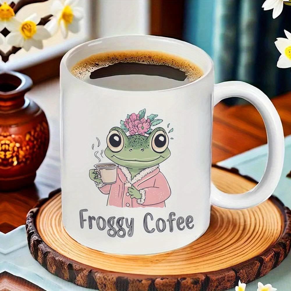 Tailorly White Ceramic 11 oz Mug - Froggy Cofee Charming Green Cartoon Character Wearing Pink Robe Enjoying Steaming Morning Coffee Frog