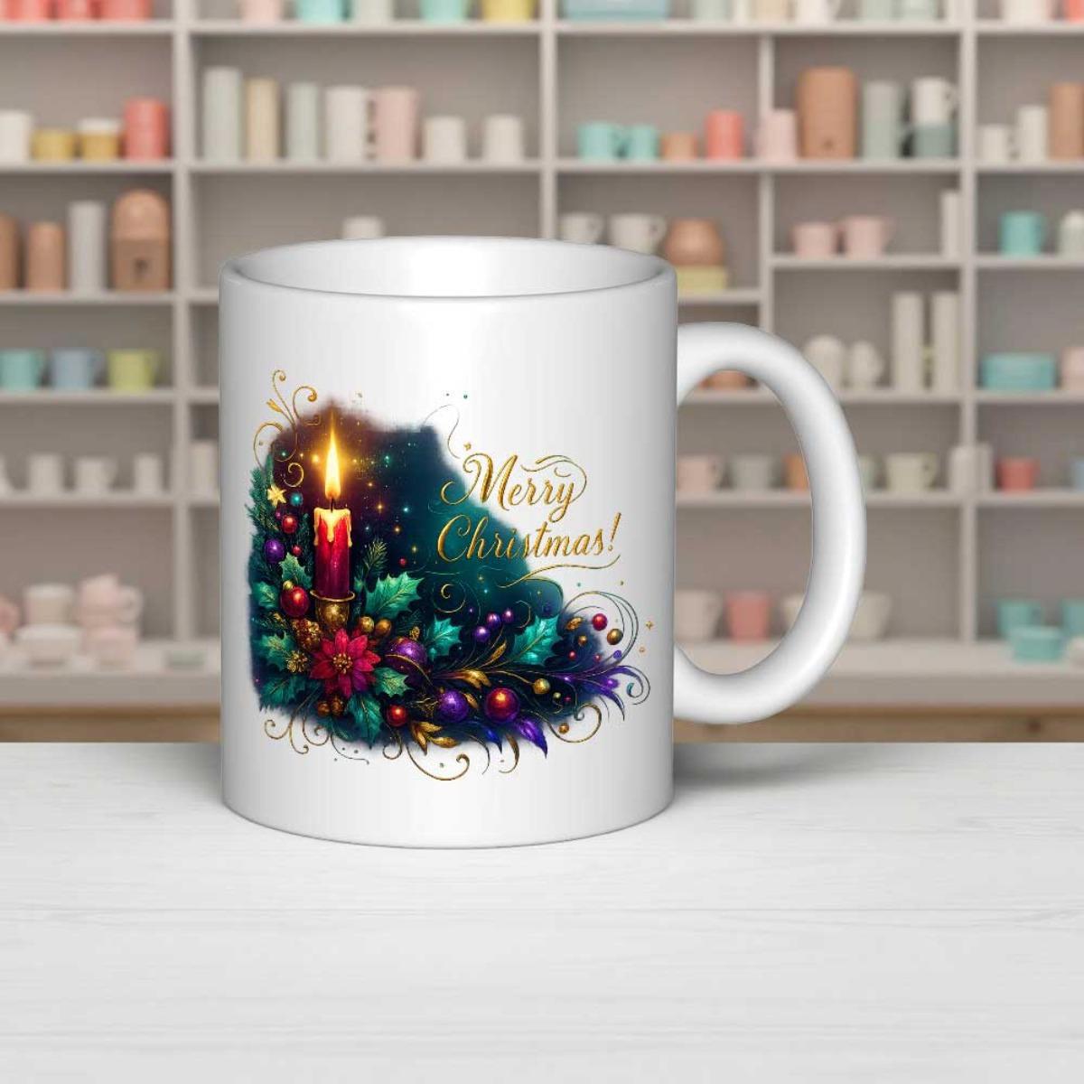 Tailorly White Ceramic 11 oz Mug - Merry Christmas Glowing Warm Light From Burning Candle Within Pine Wreath Candle