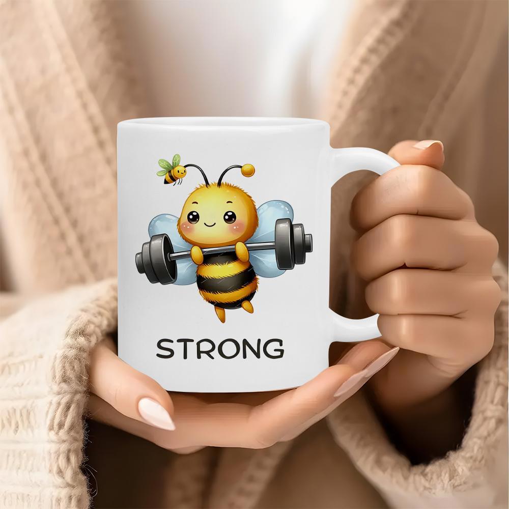 Tailorly White Ceramic 11 oz Mug - Strong Cute Little Bee Lifting Heavy Metal Barbell To Show Its Power Bee