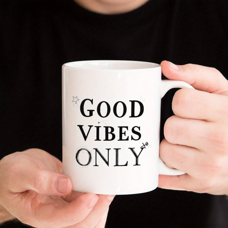 Tailorly White Ceramic 11 oz Mug - Good Vibes Only Minimalist With Delicate Stars And Floral Elements Mug