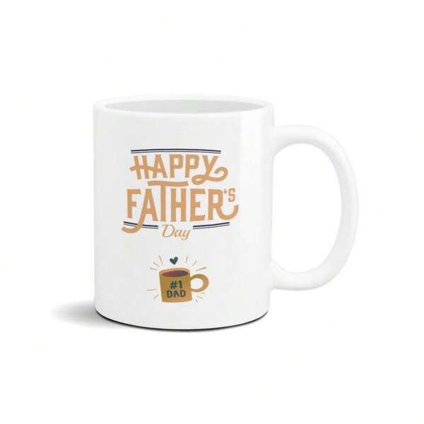 Tailorly White Ceramic 11 oz Mug - Happy Father Day 1 Dad Stylized Script Text With Geometric Lines And Small Minimalist Heart Mug