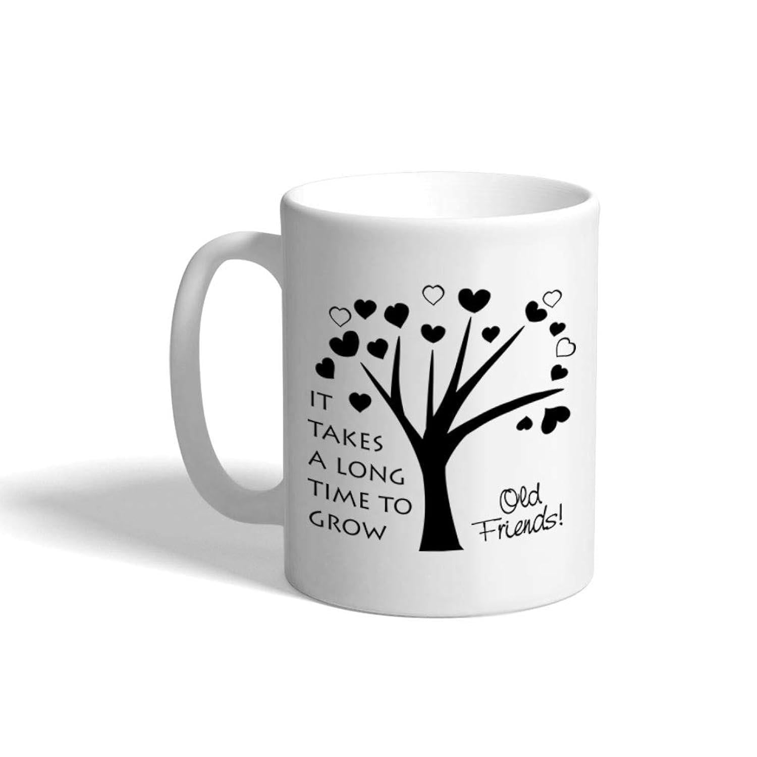 Tailorly White Ceramic 11 oz Mug - It Takes A Long Time To Grow Old Friends Silhouetted Branches Sprouting Many Heart Shaped Leaves Within A Minimalist Artistic