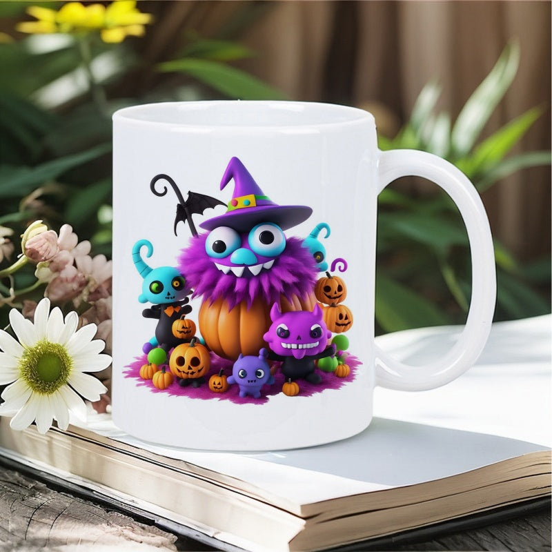 Tailorly White Ceramic 11 oz Mug - Cuddly Purple Creature Wearing Witch Hat Among Small Spooky Pumpkins Monsters